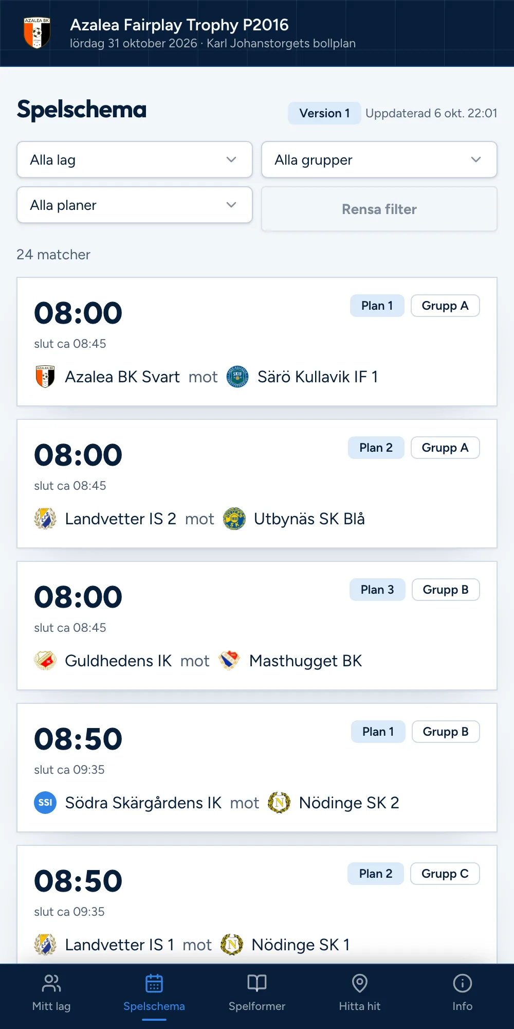 Azalea Fairplay Trophys publika spelschema i mobilen, med matchtider, planer och lag